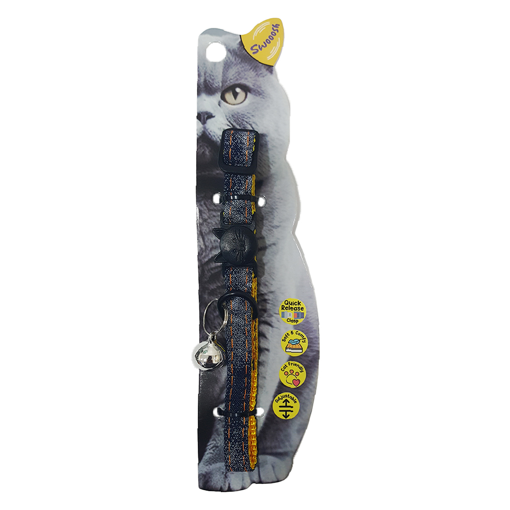 Swooosh Cats in Denim nylon safe collar C-10mm 18/28cm yellow